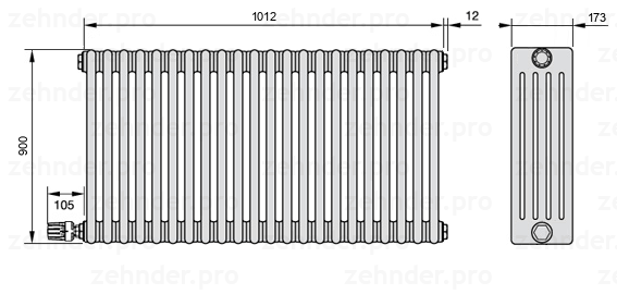 Схема (чертеж) Радиатор Zehnder Charleston 5090/22 №V003 Белый глянцевый RAL 9016